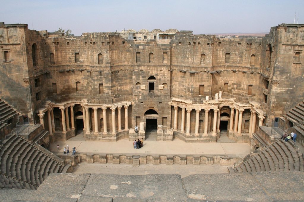 syria, bosra, amphitheater, history, historical, destinations, remains, roman style, columns, outside, brown history, syria, syria, syria, syria, syria